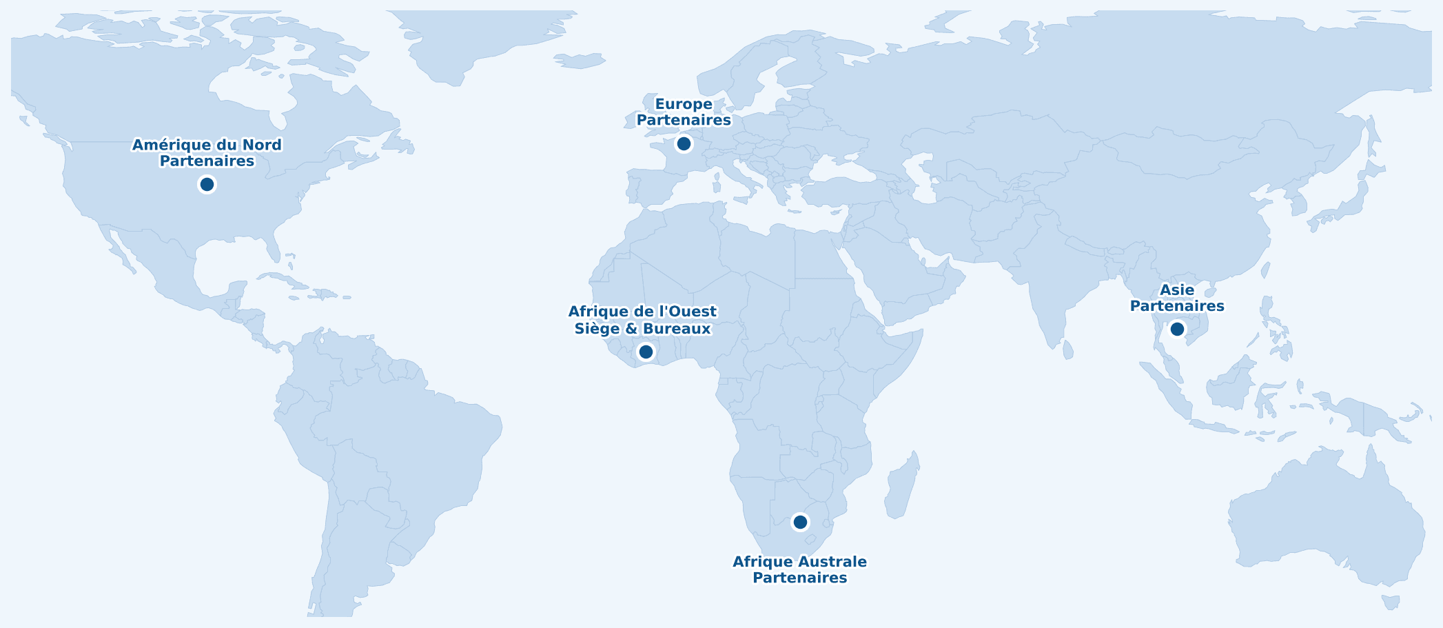 World map: VOREX locations - West Africa (Headquarters & Offices), Southern Africa, Europe, North America and Asia (Partners)